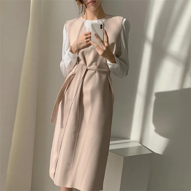 Sleeveless dress elegant V-neck woolen dress - Apricot