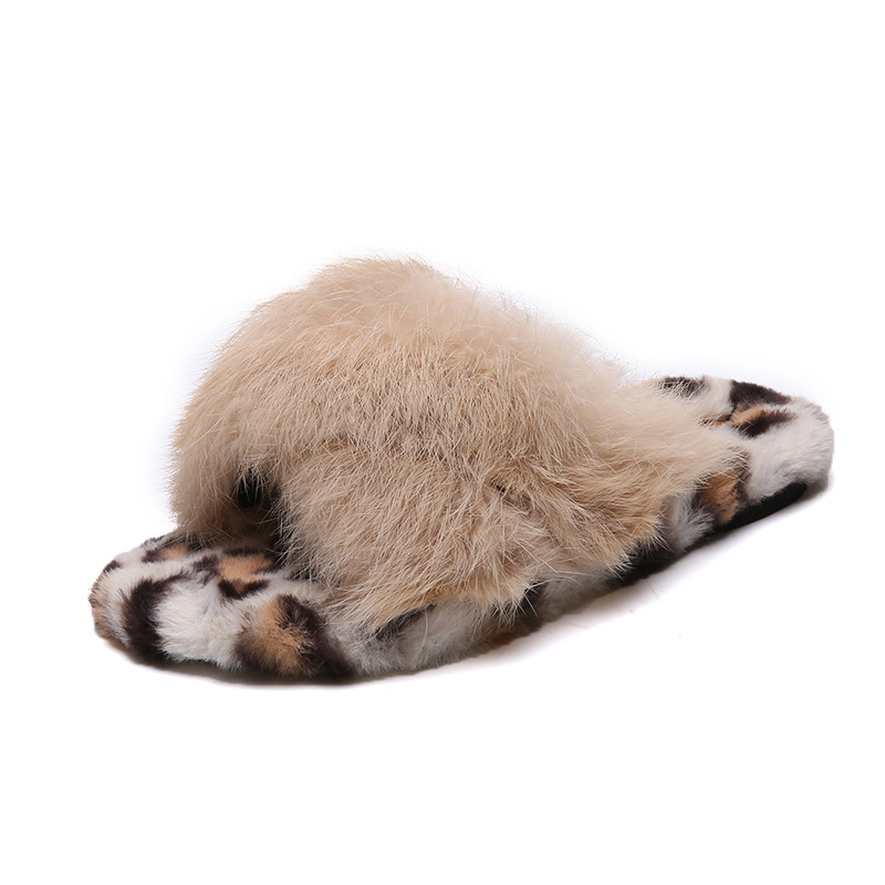 Rabbit fur leopard print cross hair slippers Beige - Shop at LoveMi