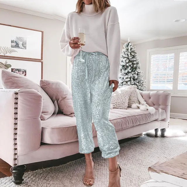 High waist drawstring trousers Silver White - Shop at LoveMi