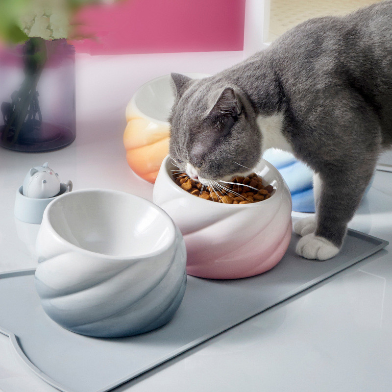 Ceramic flat-faced cat eating bowl with inclined mouth