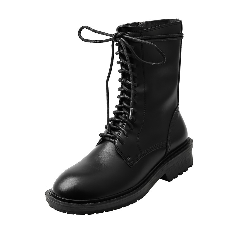 Round head lace-up motorcycle single boots