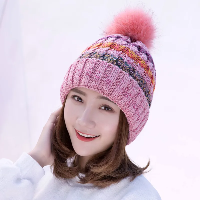Wool ball warm knitted hat - Pink
