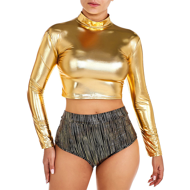 Patent leather long-sleeved small high-neck tight leather top