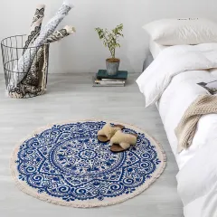 Ethnic style round carpet floor mat - Royal Blue - View 1