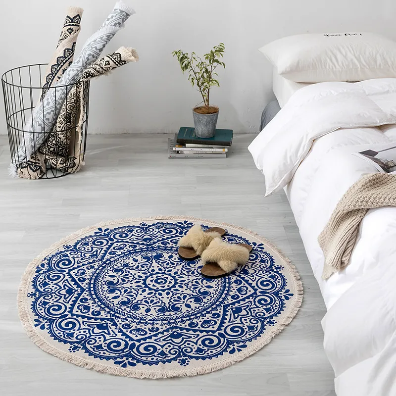 Ethnic style round carpet floor mat - Royal Blue