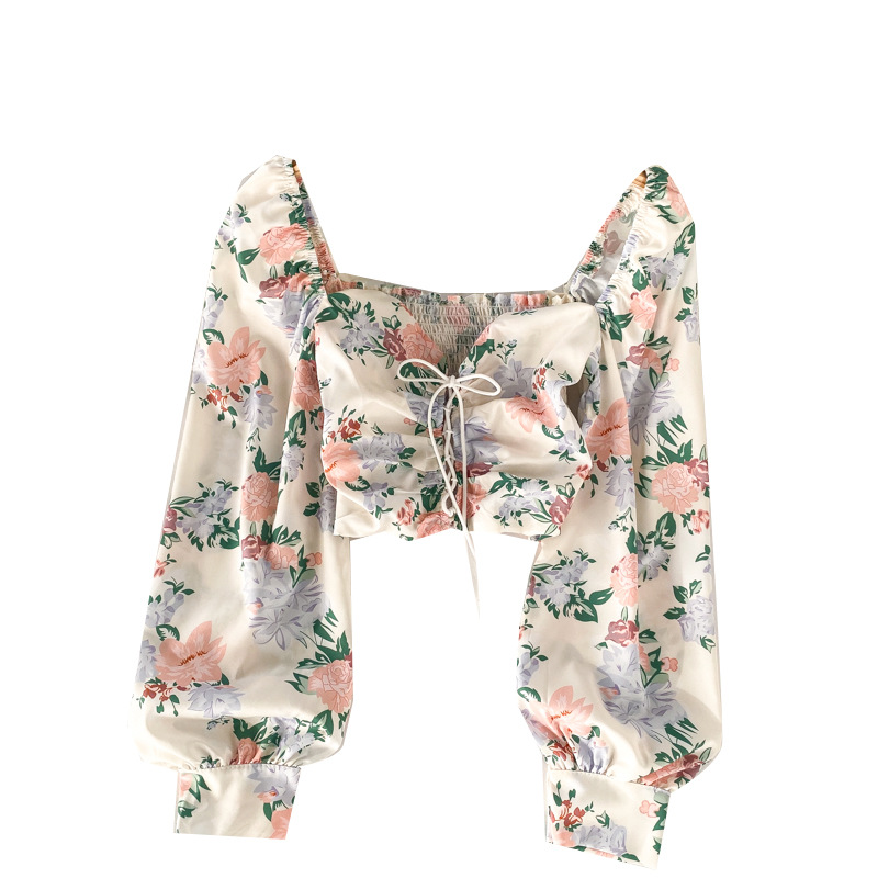 Elastic Slim Western Style Puff Sleeve Short Navel