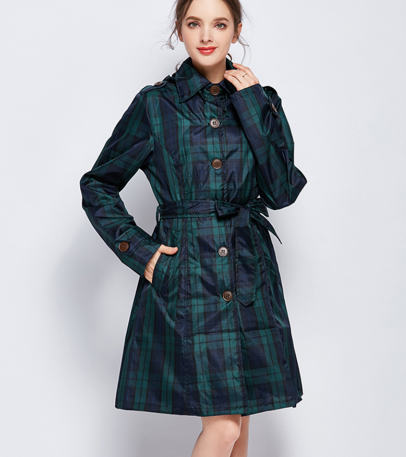 Tide Raincoat  Fashion Retro Green Plaid