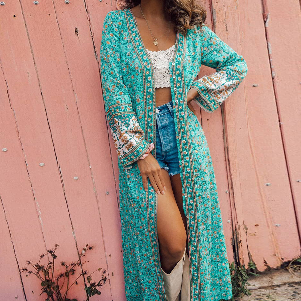 V-neck single-breasted split sexy print dress