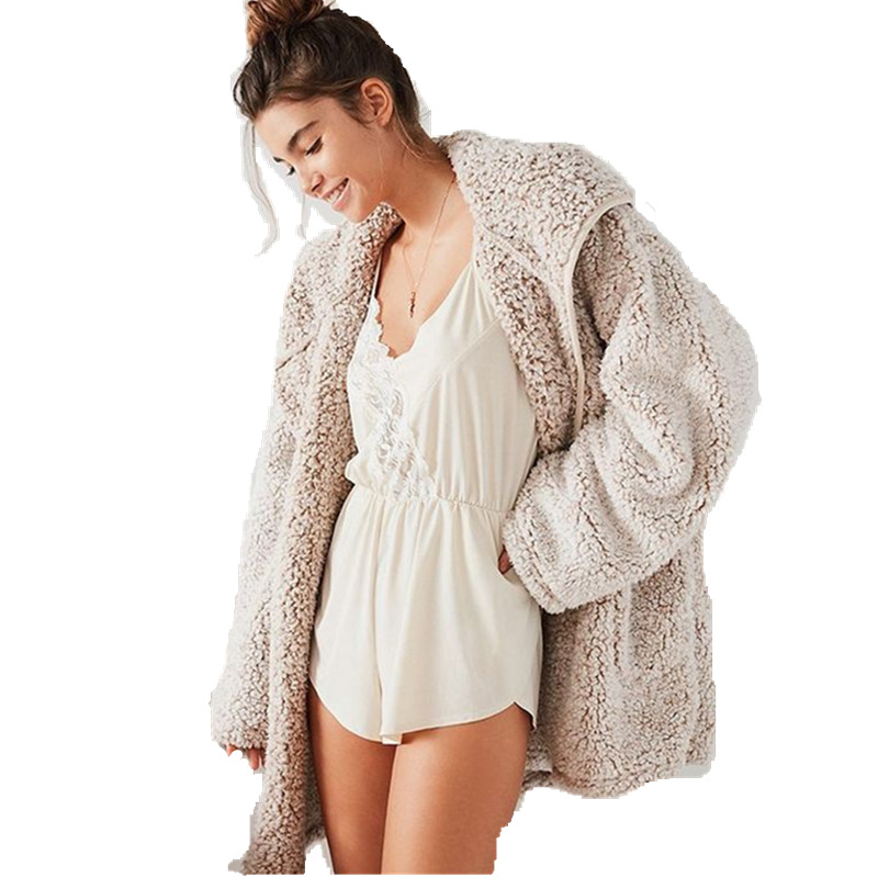 Pure color cardigan hooded lamb velvet coat top