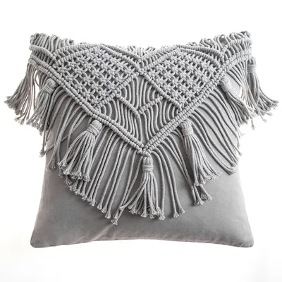 Hand woven Cotton Thread Cushion Cover Grey Tassels - Shop at LoveMi