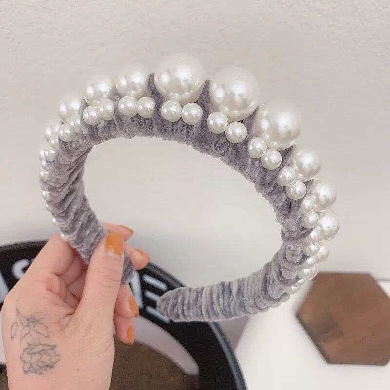 Pearl wide brim velvet headband Grey - Shop at LoveMi