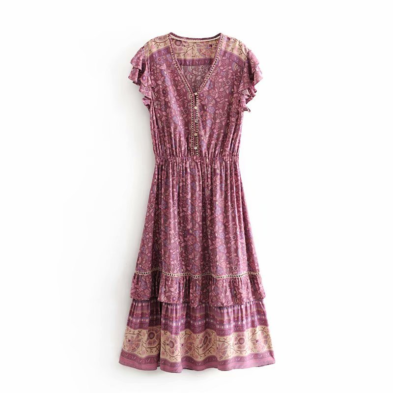 V-neck drawstring ruffle sleeve print dress