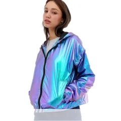 Metallic waterproof large size loose women's hooded jacket - Purple - View 1