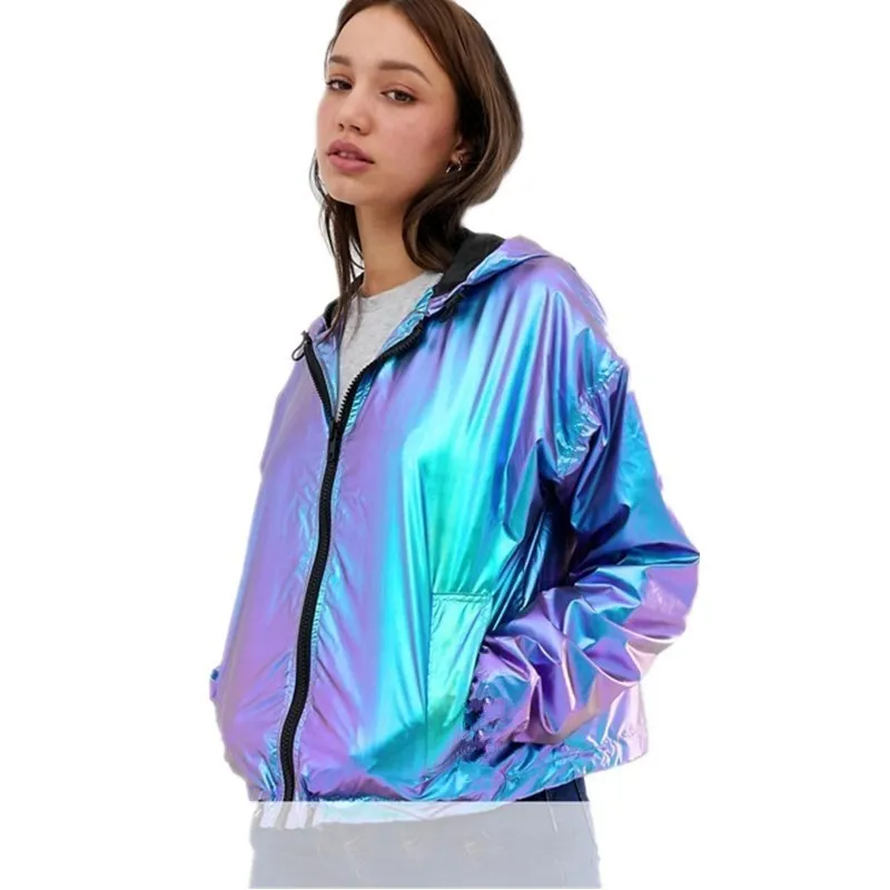 Metallic waterproof large size loose women's hooded jacket - Purple