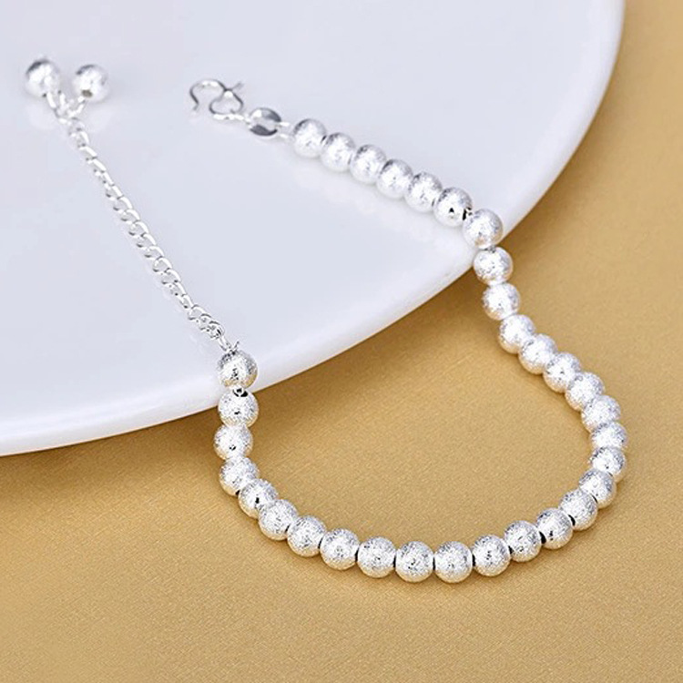 Frosted round beads women's silver bracelet