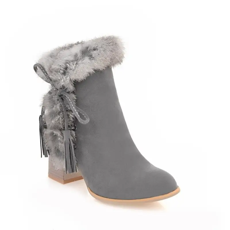 Faux rabbit fur lace-up chunky heel boots