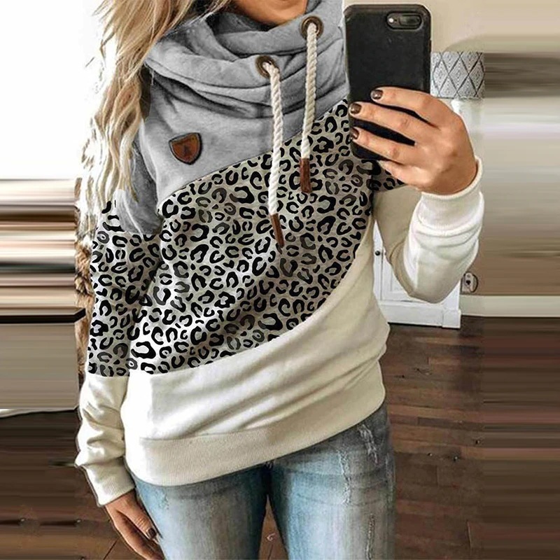 Printed three-color stitching hooded long-sleeved sweater
