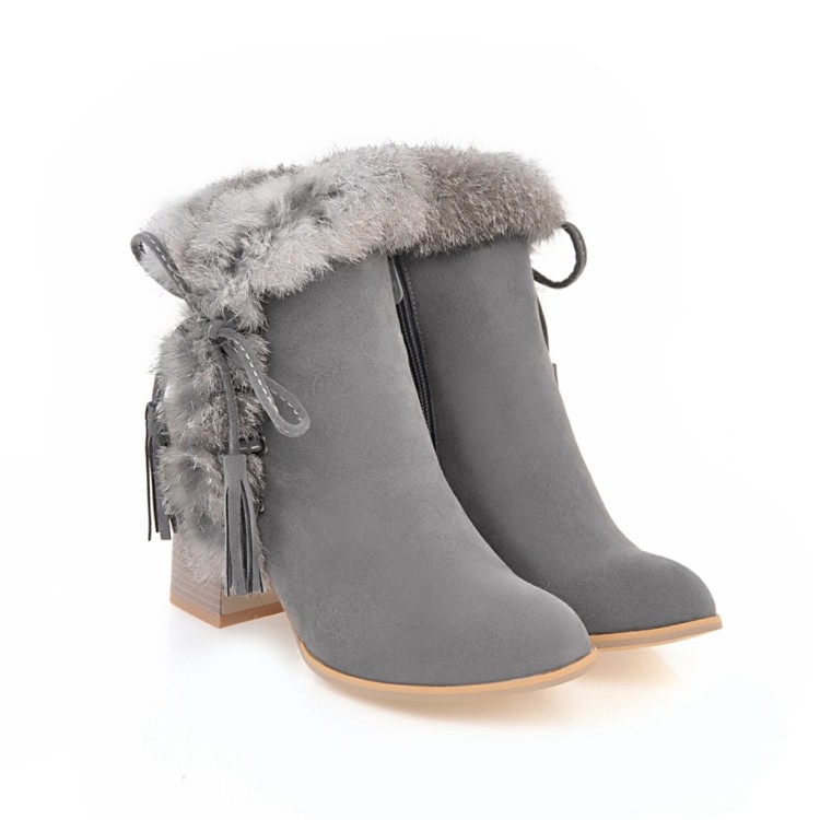 Faux rabbit fur lace-up chunky heel boots