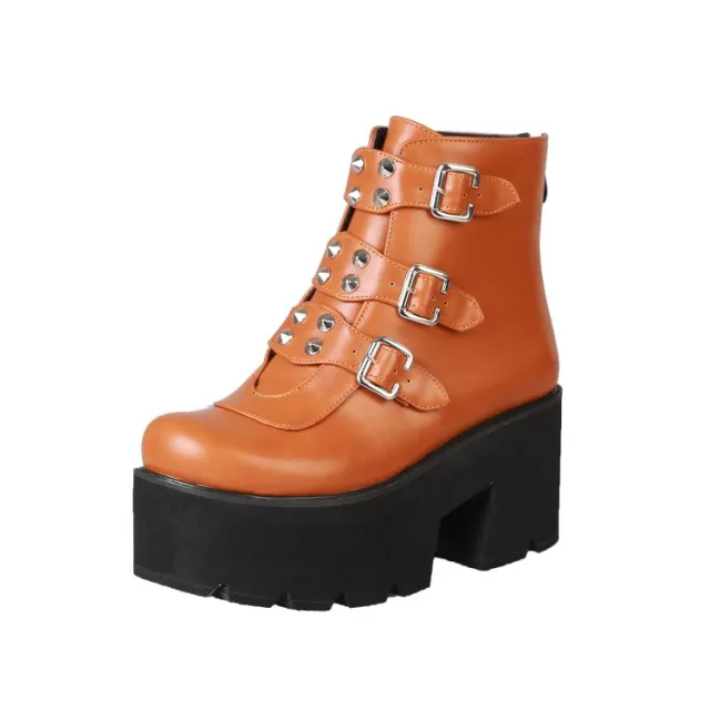 Rivet belt buckle zipper ankle boots Brown - Shop at LoveMi