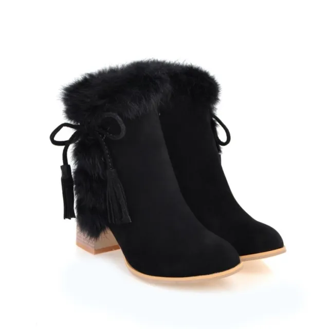 Faux rabbit fur lace up chunky heel boots Black - Shop at LoveMi