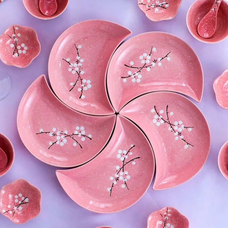 Moon shape ceramic plate set - Cherry Blossoms