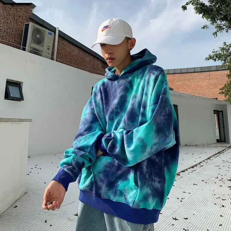 Men's tie-dye hooded Hong Kong style long-sleeved sweater