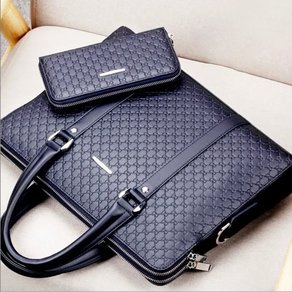 Men bag handbag leather business briefcase embossed letters - Blue