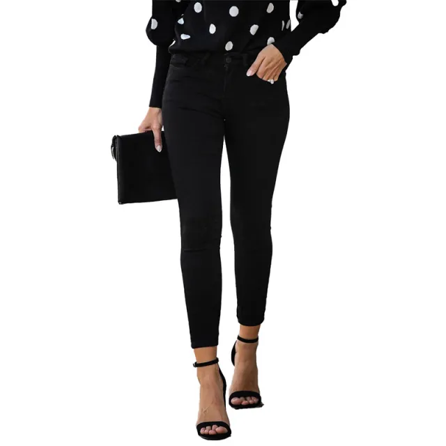 Stretch mid rise slim fit cropped jeans with small feet Black - Shop at LoveMi