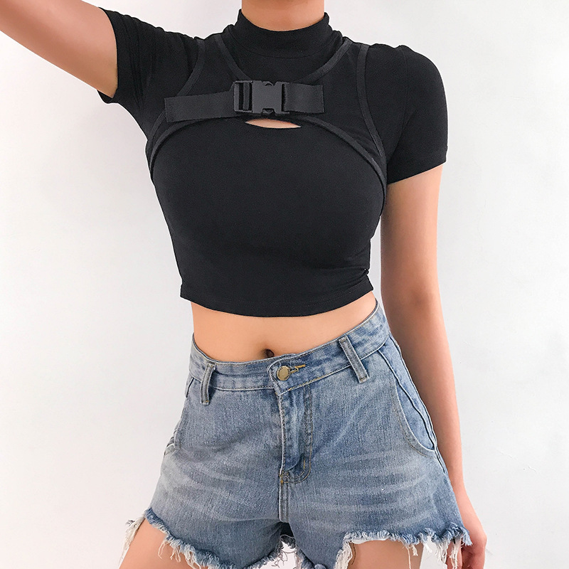 قميص داكن بتصميم زر حقيبة مدرسية مجوف