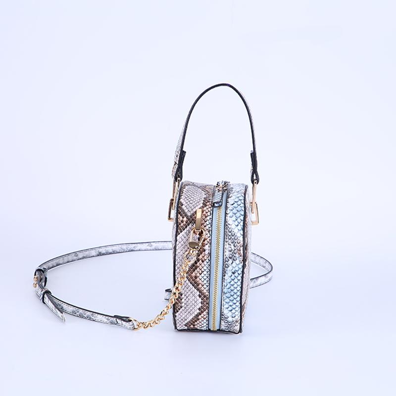 One-shoulder diagonal snake print small round bag