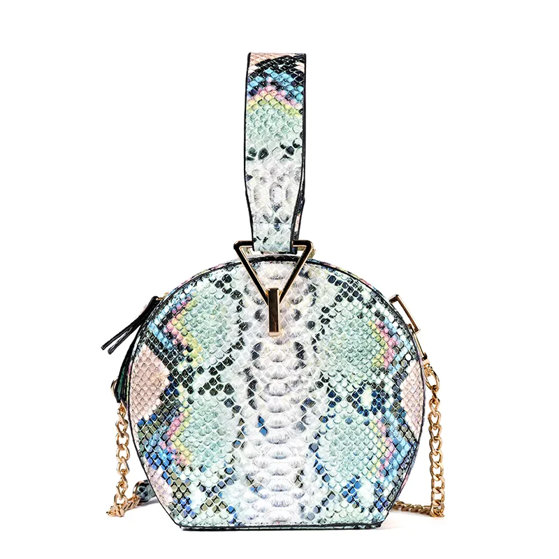 One-shoulder diagonal snake print small round bag - Green