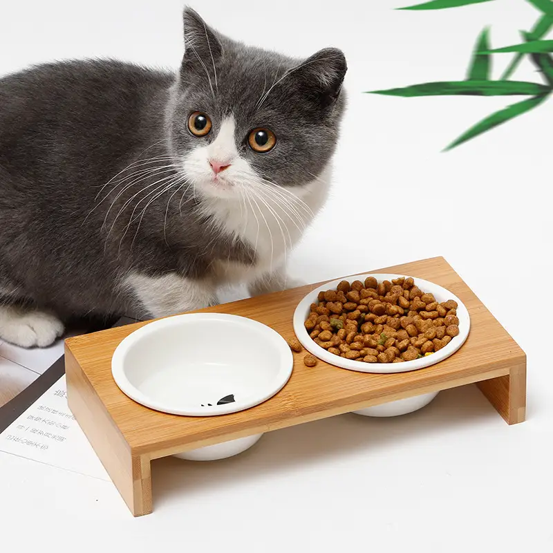 Bamboo and wood ceramic cat bowl
