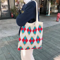 Knitted portable tote bag wool one-shoulder women's cloth bag - Prismatic - View 1