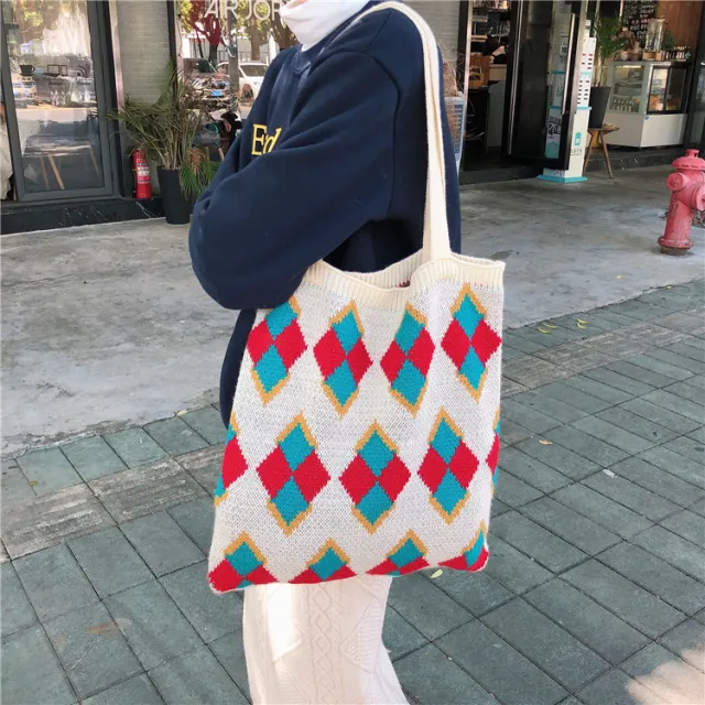 Knitted portable tote bag wool one shoulder women's cloth bag Prismatic - Shop at LoveMi