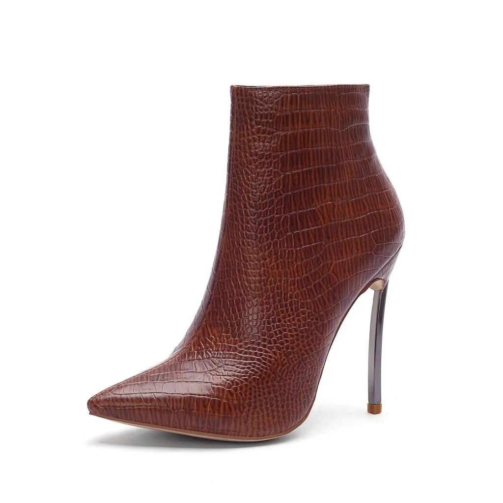 Pointed metal high heel women's ankle boots - Brown