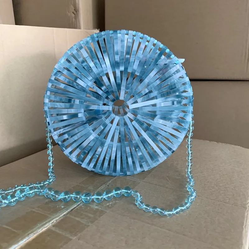 Round Acrylic Hollow Shoulder Bag - Blue