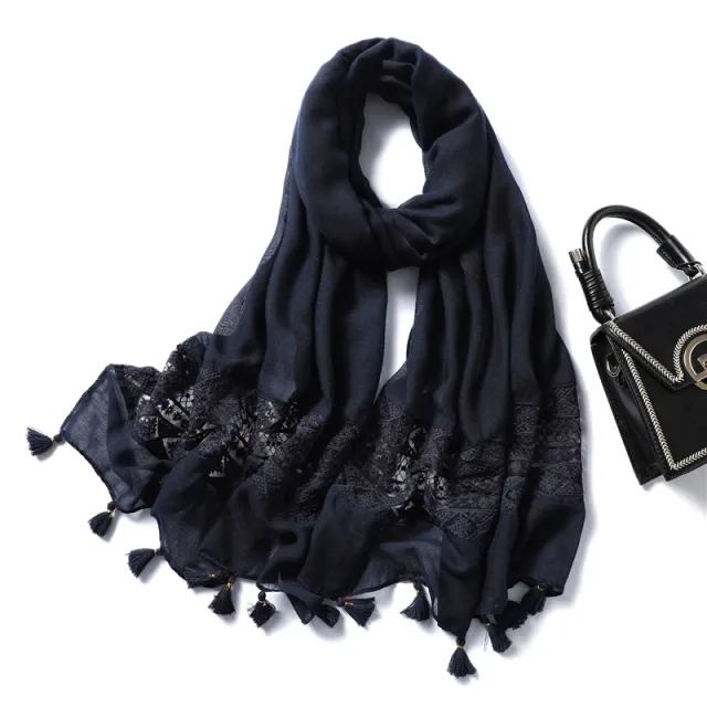 Fringed lace stitching scarf Navy Blue - Shop at LoveMi