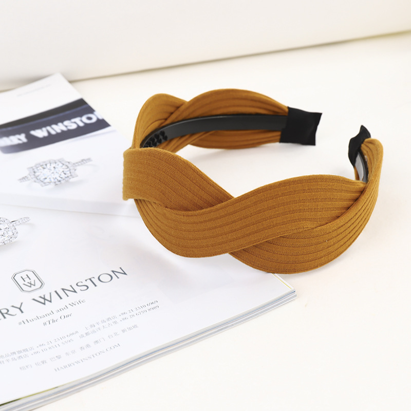 Fabric striped cross knotted wide brim hair accessory Camel - Shop at LoveMi
