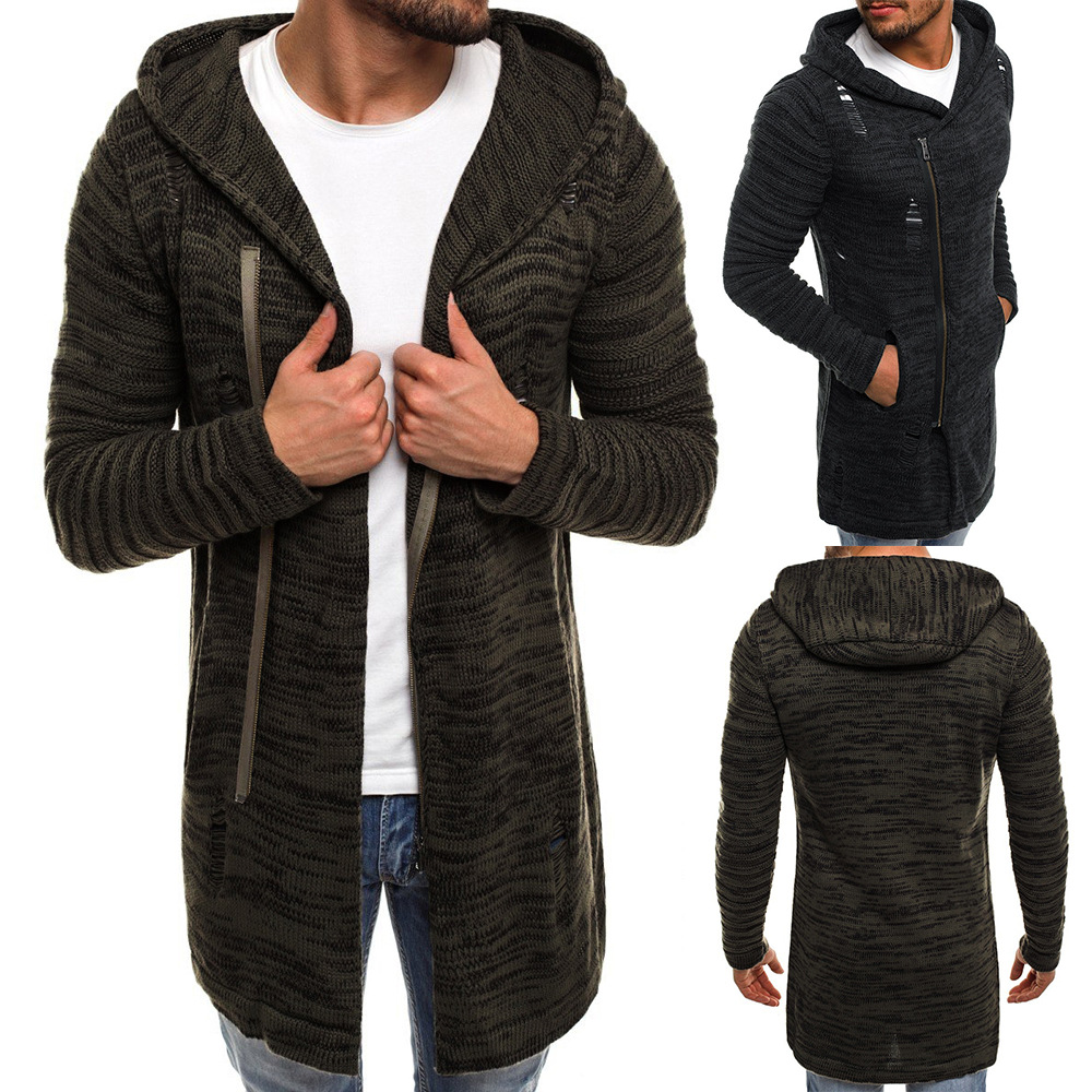 Ripped diagonal pull hooded cardigan