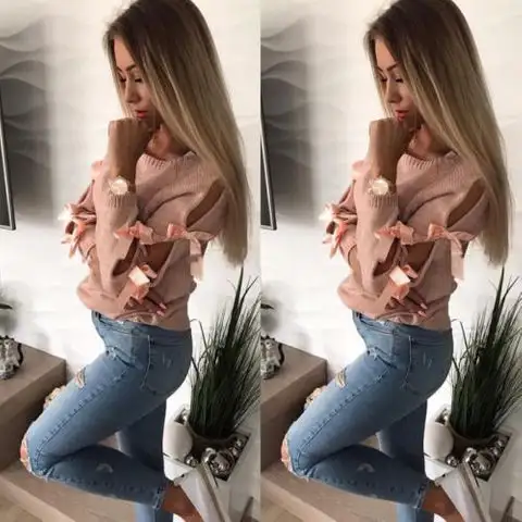 Hollow lace bow pullover sweater
