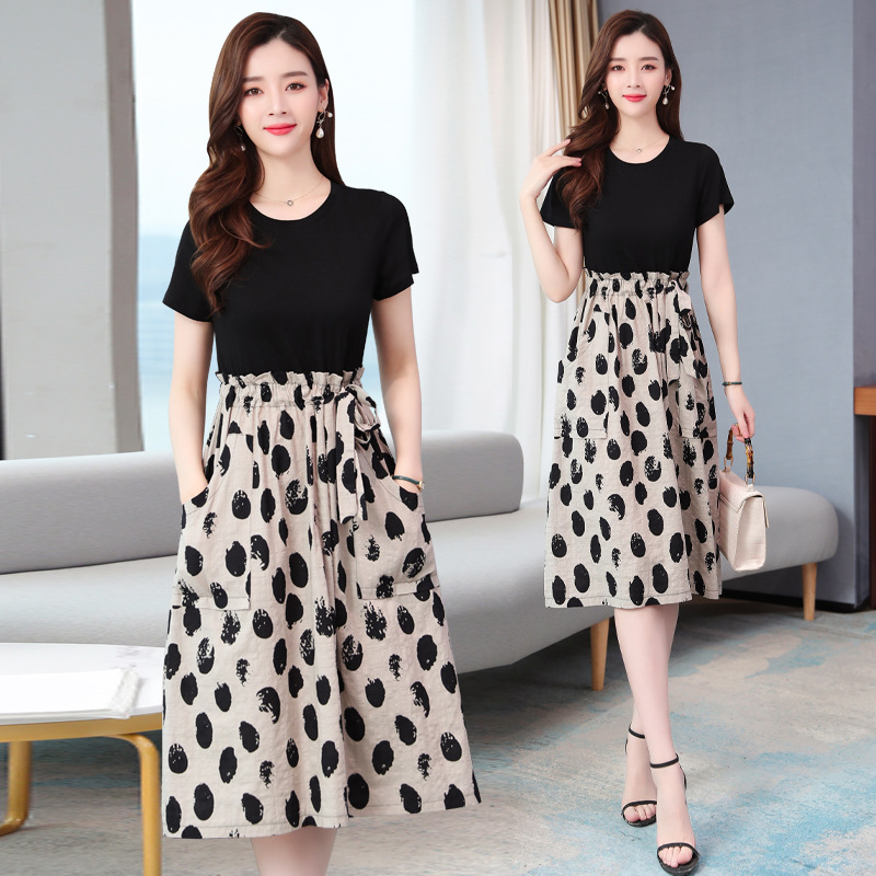 Patchwork waist wave point fake two piece Short Sleeve Dress