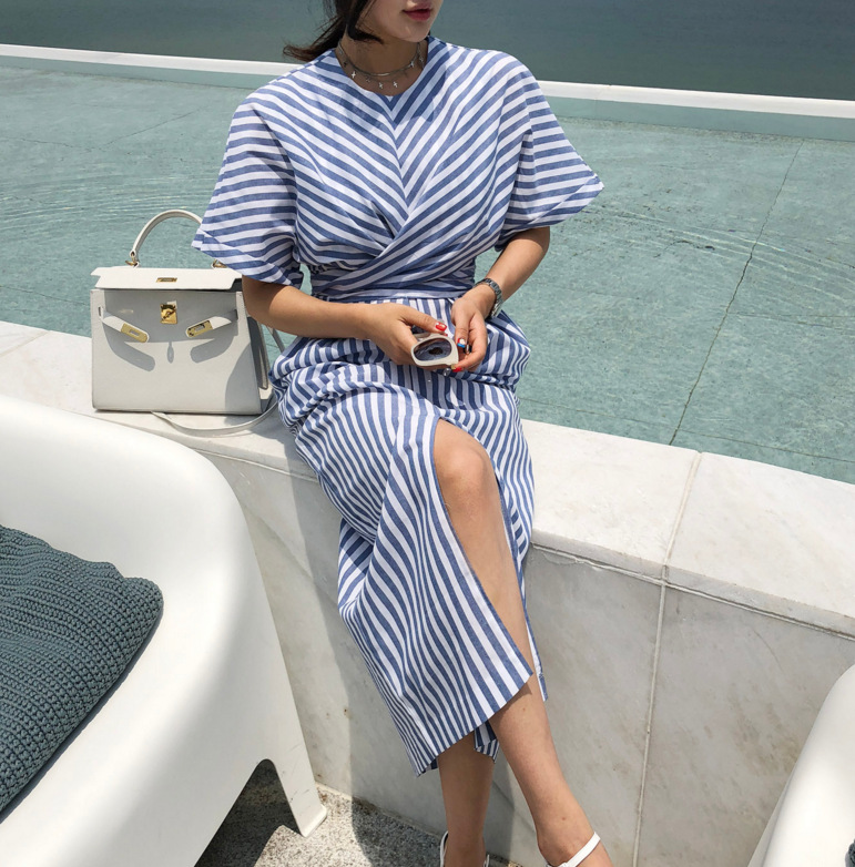 Fashion striped cross-tie dress with front slit skirt