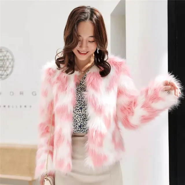 Fox fur round collarless short coat Red And White - Shop at LoveMi