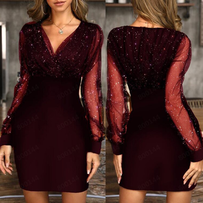 Women's autumn long-sleeved stitching V-neck mesh dress