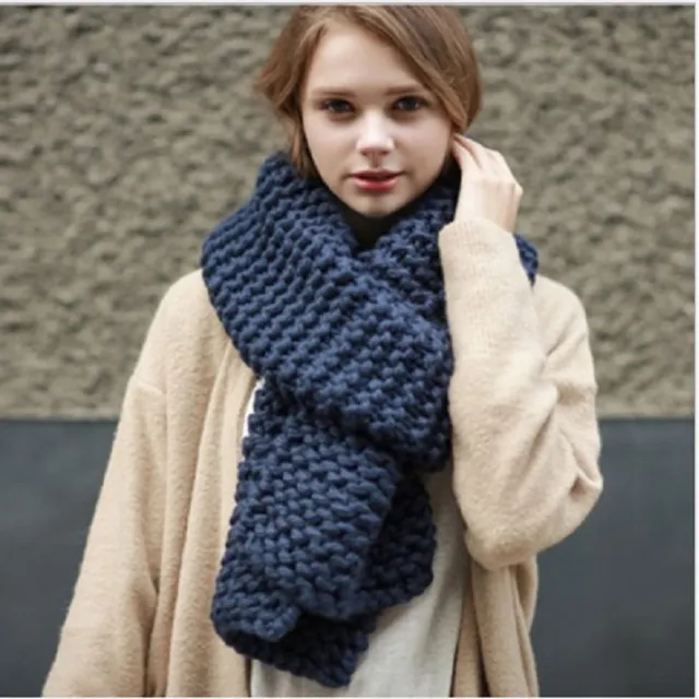 Handmade thick wool pure color knitted scarf Navy Blue - Shop at LoveMi