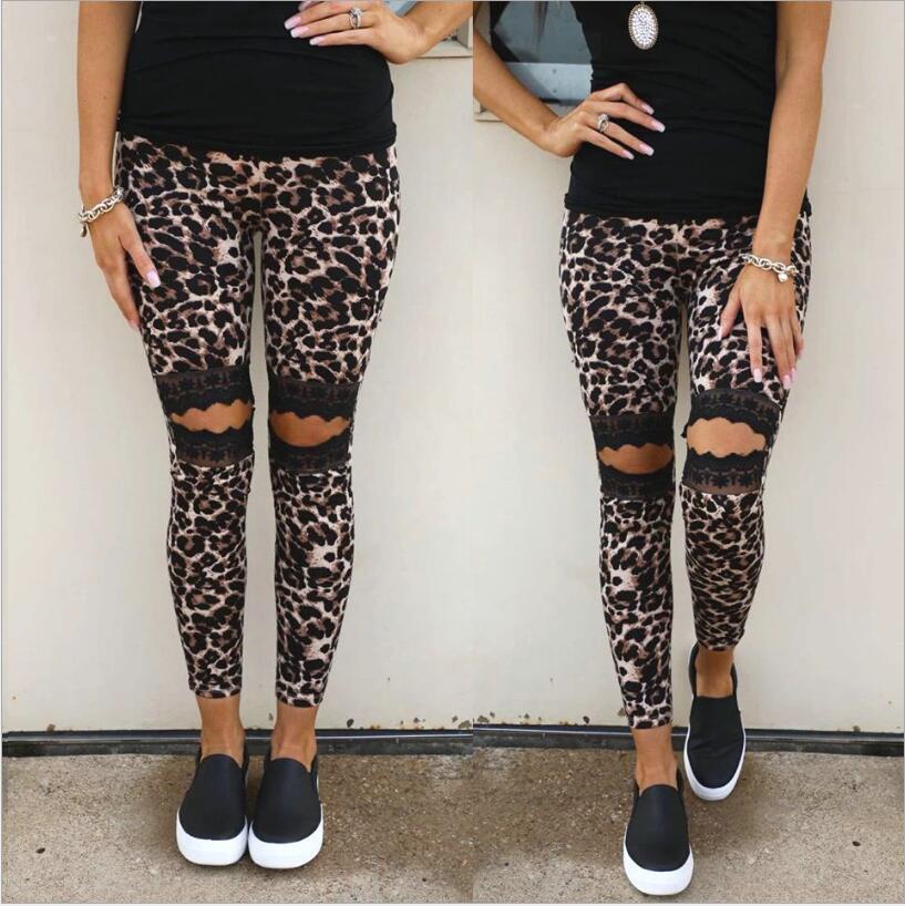 Casual hollow lace leopard print slim women's trousers