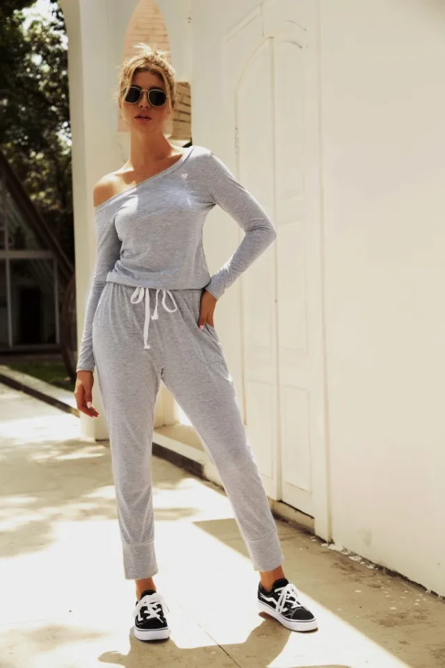 Long sleeve off shoulder strappy casual jumpsuit Grey - Shop at LoveMi