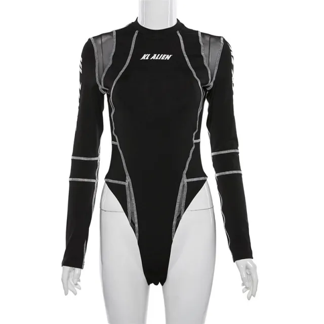 Long sleeved bodysuit with mesh print Black - Shop at LoveMi