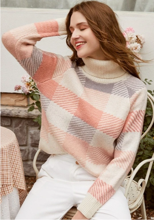 European and American Pullover high neck slim plaid sweater