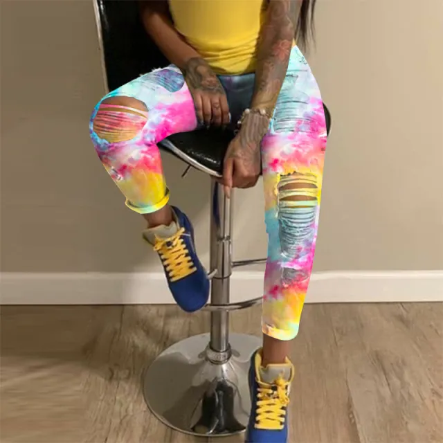 Tie dye print ripped jeans Pink - Shop at LoveMi